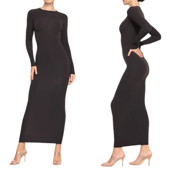 SKIMS Fits Everybody Crewneck Long-Sleeve Dress in Onyx Black Sz. XS / 0 - 2 NWT - Picture 1 of 9